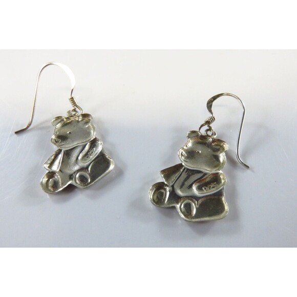 Adorable Pressed Sterling Bear Dangle Earrings Ear WIre 1 3/8" Drop - Picture 7 of 8